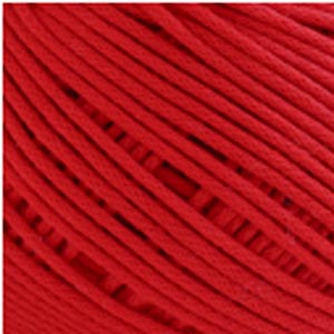 "A 50g donut of Daruma Lili yarn in a rich, solid color, showing the unique cotton-wrapped cord texture and its sturdy structure in red colour