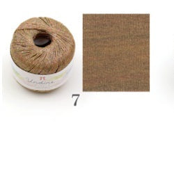 Several skeins of Hamanaka Undine yarn in various colors, each labeled with the brand and product name. A knitted swatch using Hamanaka Undine, demonstrating the neat, architectural stitch definition and the light-catching quality of the nylon fibers.