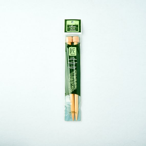 A pair of thick Clover Takumi Bamboo needles in 10mm size, showing the smooth, natural wood grain and the engraved Made in Japan logo. 
Clover Takumi Bamboo Needles, 23cm Bamboo Knitting Needles, Japanese Wooden Needles, Chunky Scarf Needles. Jumbo knitting tools, professional bamboo needles Singapore, Clover Takumi 6mm-10mm