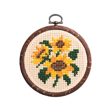 Olympus thread embroidery cross stitch kit with hoop showing sunflower motif

The 'Sunflower' finished design, showcasing the clean 9-count stitches and the elegant circular hoop frame