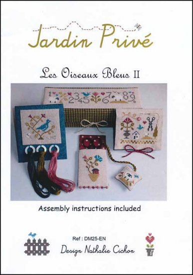 Cross stitch chart for Les Oiseaux Bleus II with various embroidered designs on a white background, indicating the pattern to be used for creating textile products.