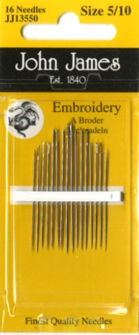 A retail package of 16 high-quality John James Embroidery (Crewel) needles in assorted sizes from 5 to 10. These needles feature a sharp point and an elongated eye, specifically designed for hand embroidery with cotton floss. The packaging highlights the 'John James' brand and their heritage as English needle makers since 1840