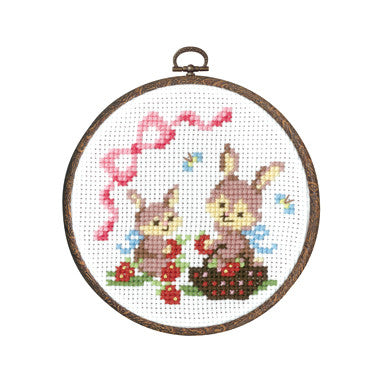 Olympus Japan Bunny Cross Stitch Kit packaging showing two cute white bunnies and a 6-inch wood grain embroidery hoop

Easy cross stitch for kids Singapore, beginner bunny embroidery, Japanese craft kits with hoop, simple animal needlework, 15cm hoop cross stitch kit
