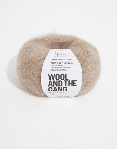 Close-up of Take Care Mohair fibers, highlighting the 'diamond' sheen of the South African Kid Mohair and the plush brushed appearance in latte coffee brown colour