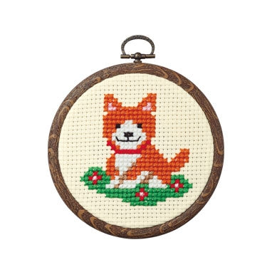 Olympus thread embroidery cross stitch kit with hoop showing a Shiba inu Dog with flowers.

Kids embroidery kit age 7 and above, quick cross stitch projects, Japanese craft shop Singapore, handmade decor DIY