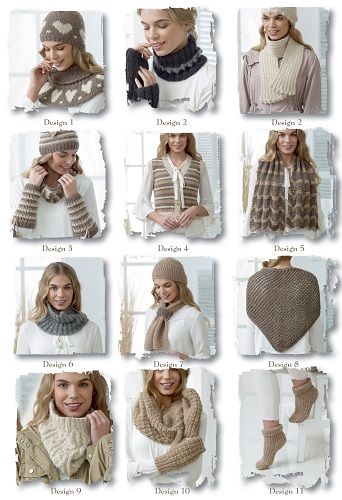 A stack of the 11 completed alpaca chunky accessories from the book, showing the range of cozy winter items you can create.