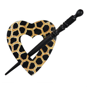 The KnitPro Exotica Cupid shawl pin, featuring a beautifully carved wooden heart-shaped frame and matching smooth wooden pin.

A shawl pin with a heart-shaped head featuring a black and gold pattern, resembling an animal print, with a decorative black shaft.

Handcrafted shawl fastener, yarn-friendly brooch, exotic wood hair pin, gift ideas for knitters and crocheters,