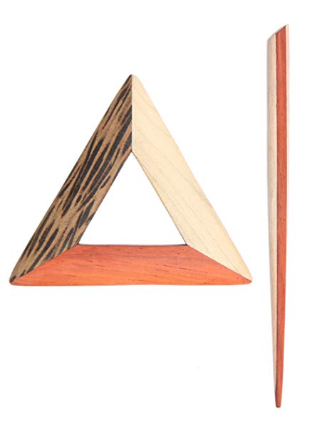 A triangular-shaped shawl pin with a wood pattern and red accents, displayed on a white background.