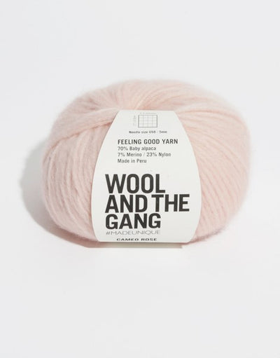 A 50g ball of Wool and the Gang Feeling Good yarn, showing its signature fluffy, brushed texture and voluminous air-blown structure in cameo rose pink colour
