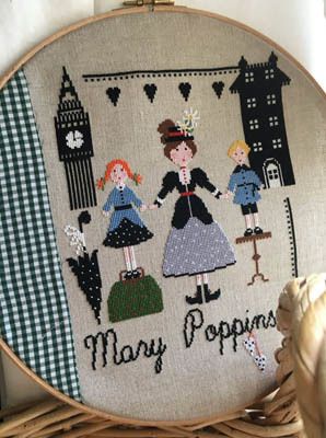 Cross stitch pattern chart for 'Mary Poppins' with various characters and a background pattern.