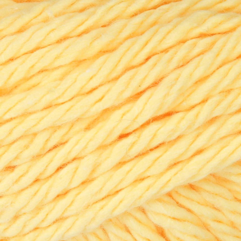 "A skein of Lily Sugar N' Cream 100% cotton yarn in yellow color. The texture is soft yet sturdy, showing the natural matte finish of the cotton fibers. The packaging clearly displays the Lily brand logo and weight options, ideal for durable kitchen and bathroom DIY projects