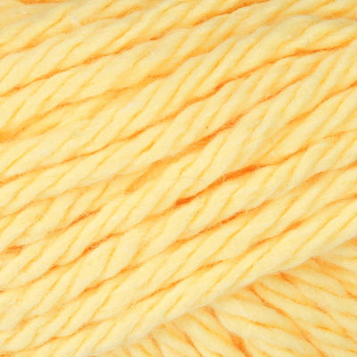 "A skein of Lily Sugar N' Cream 100% cotton yarn in yellow color. The texture is soft yet sturdy, showing the natural matte finish of the cotton fibers. The packaging clearly displays the Lily brand logo and weight options, ideal for durable kitchen and bathroom DIY projects