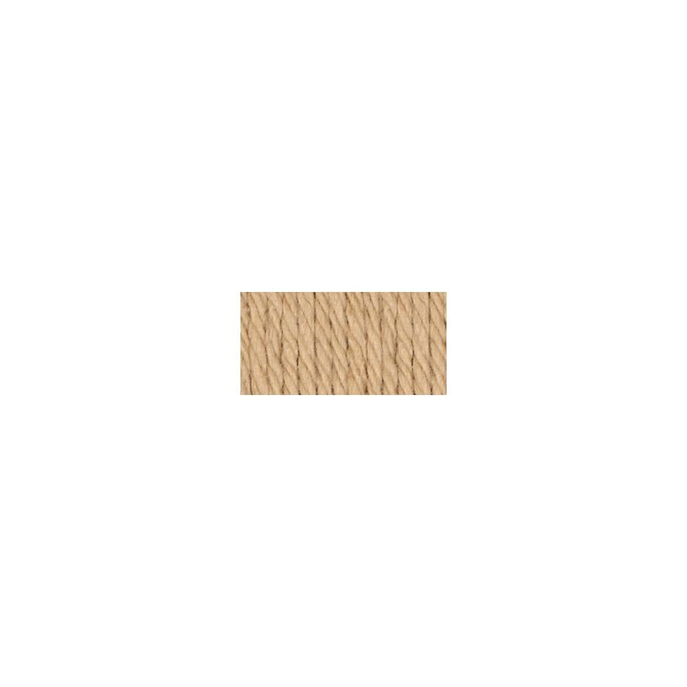 A skein of Lily Sugar N' Cream 100% cotton yarn in Jute brown color. The texture is soft yet sturdy, showing the natural matte finish of the cotton fibers. The packaging clearly displays the Lily brand logo and weight options, ideal for durable kitchen and bathroom DIY projects."