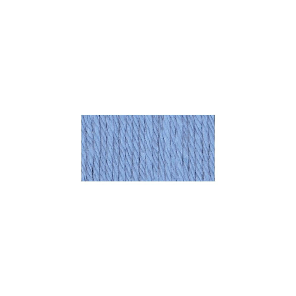 A skein of Lily Sugar N' Cream 100% cotton yarn in cotton flower blue color. The texture is soft yet sturdy, showing the natural matte finish of the cotton fibers. The packaging clearly displays the Lily brand logo and weight options, ideal for durable kitchen and bathroom DIY projects