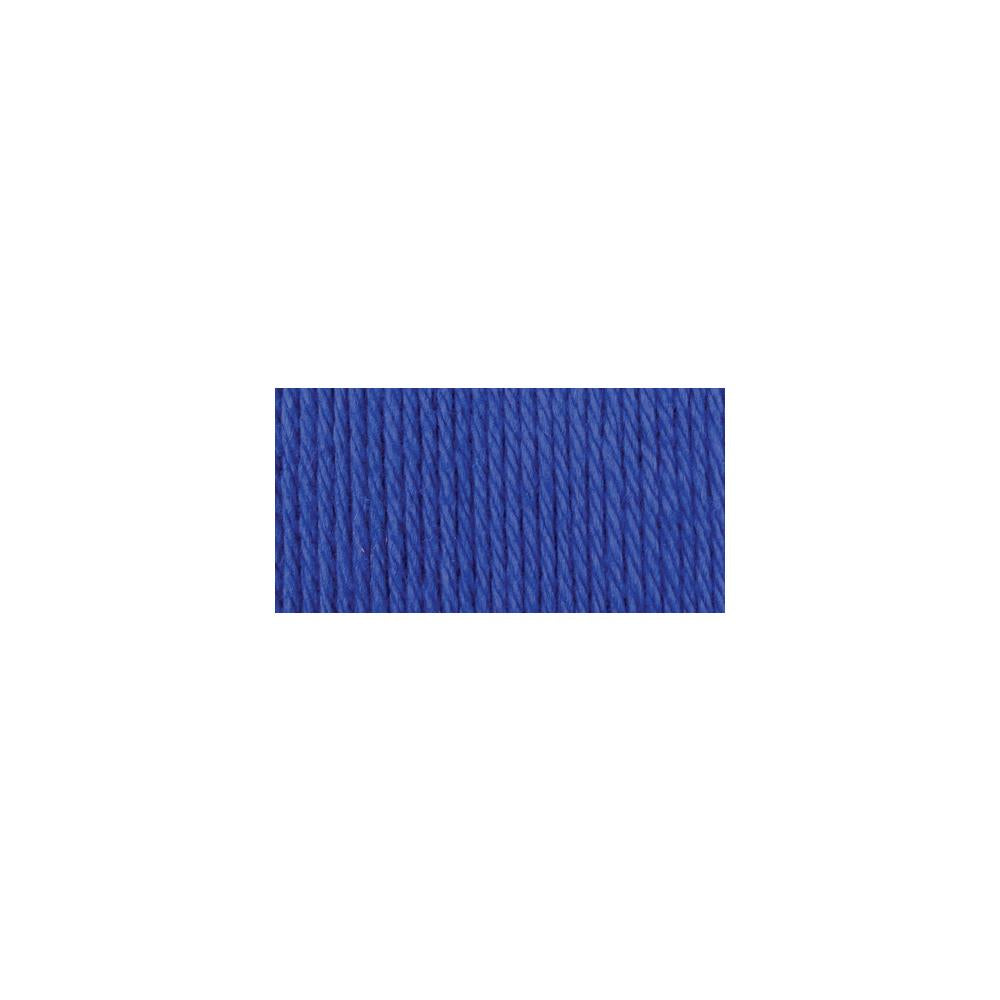 A skein of Lily Sugar N' Cream 100% cotton yarn in dazzle blue color. The texture is soft yet sturdy, showing the natural matte finish of the cotton fibers. The packaging clearly displays the Lily brand logo and weight options, ideal for durable kitchen and bathroom DIY projects