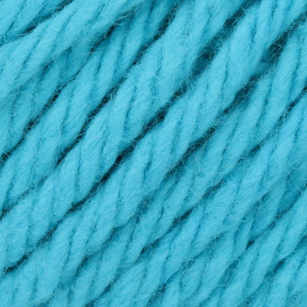 A skein of Lily Sugar N' Cream 100% cotton yarn in mod blue color. The texture is soft yet sturdy, showing the natural matte finish of the cotton fibers. The packaging clearly displays the Lily brand logo and weight options, ideal for durable kitchen and bathroom DIY projects