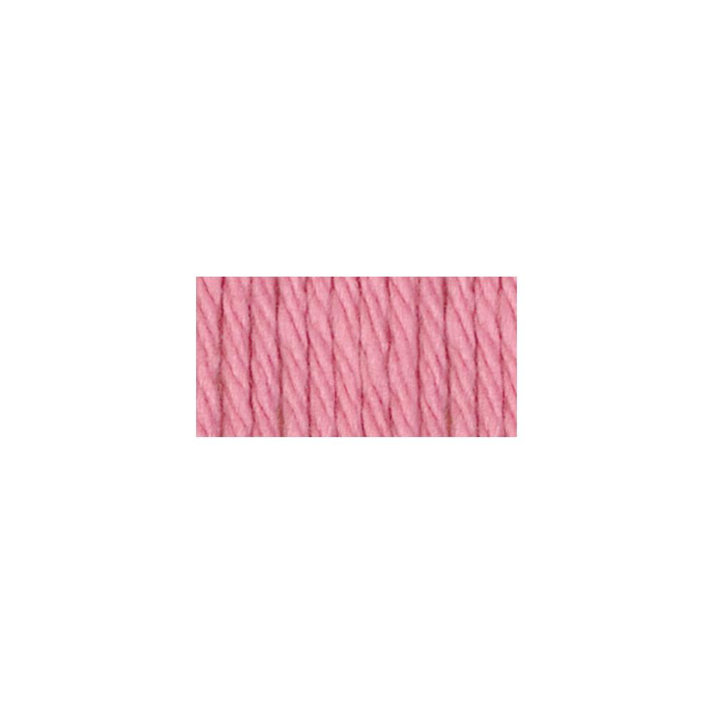 A skein of Lily Sugar N' Cream 100% cotton yarn in a rose pink color. The texture is soft yet sturdy, showing the natural matte finish of the cotton fibers. The packaging clearly displays the Lily brand logo and weight options, ideal for durable kitchen and bathroom DIY projects.