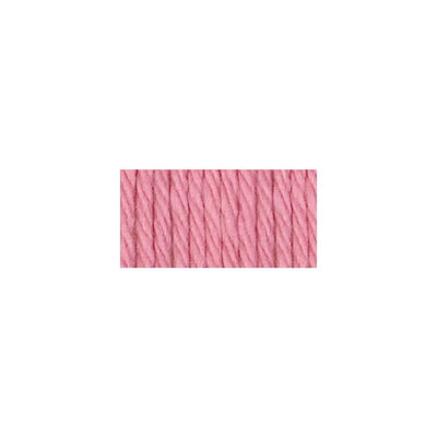 A skein of Lily Sugar N' Cream 100% cotton yarn in a rose pink color. The texture is soft yet sturdy, showing the natural matte finish of the cotton fibers. The packaging clearly displays the Lily brand logo and weight options, ideal for durable kitchen and bathroom DIY projects.