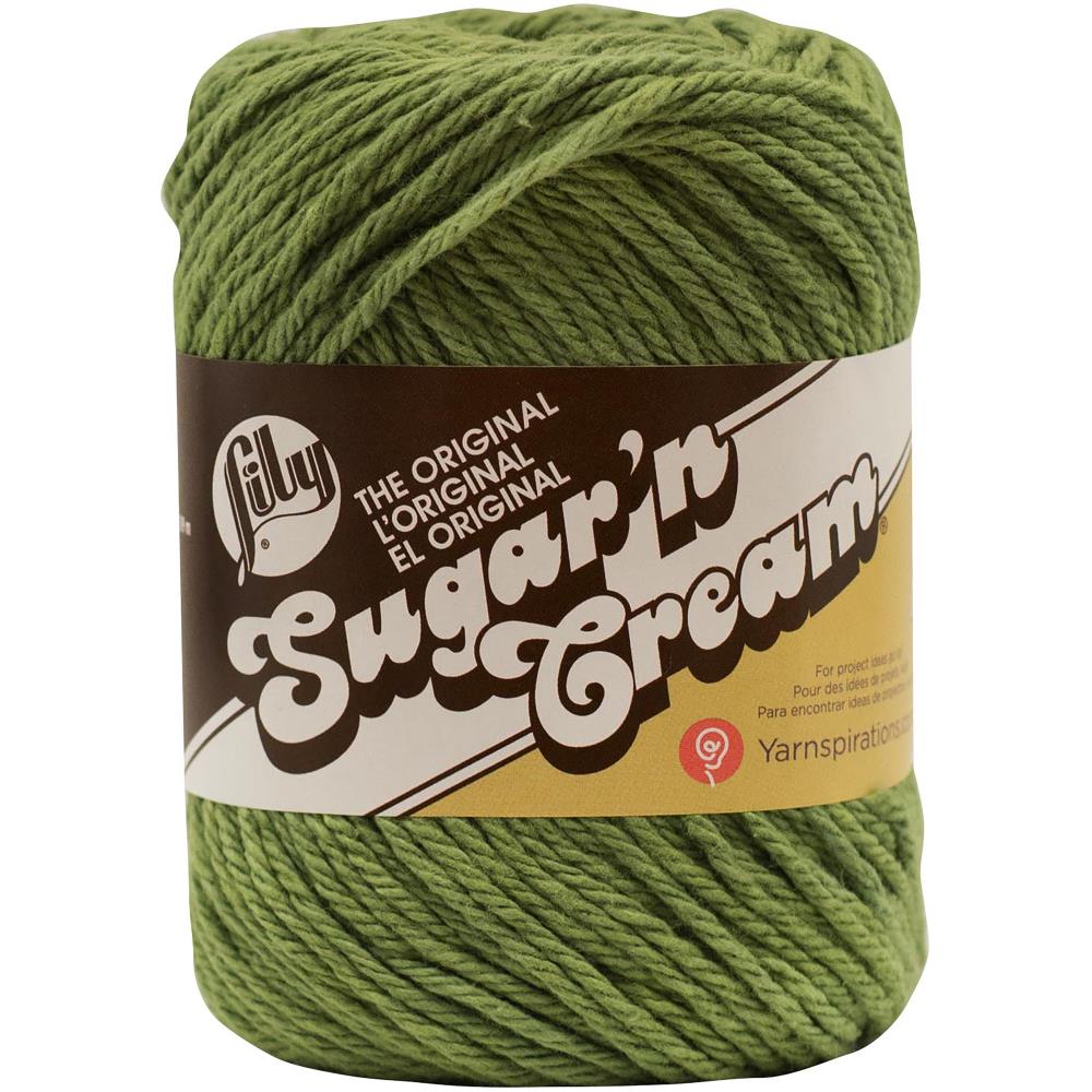 A skein of Lily Sugar N' Cream 100% cotton yarn in sage green  color. The texture is soft yet sturdy, showing the natural matte finish of the cotton fibers. The packaging clearly displays the Lily brand logo and weight options, ideal for durable kitchen and bathroom DIY projects