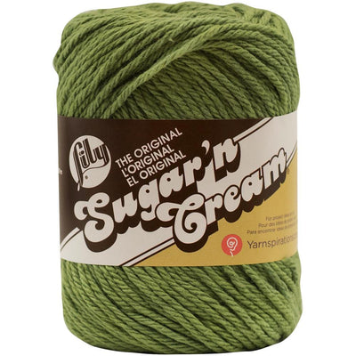 A skein of Lily Sugar N' Cream 100% cotton yarn in sage green  color. The texture is soft yet sturdy, showing the natural matte finish of the cotton fibers. The packaging clearly displays the Lily brand logo and weight options, ideal for durable kitchen and bathroom DIY projects