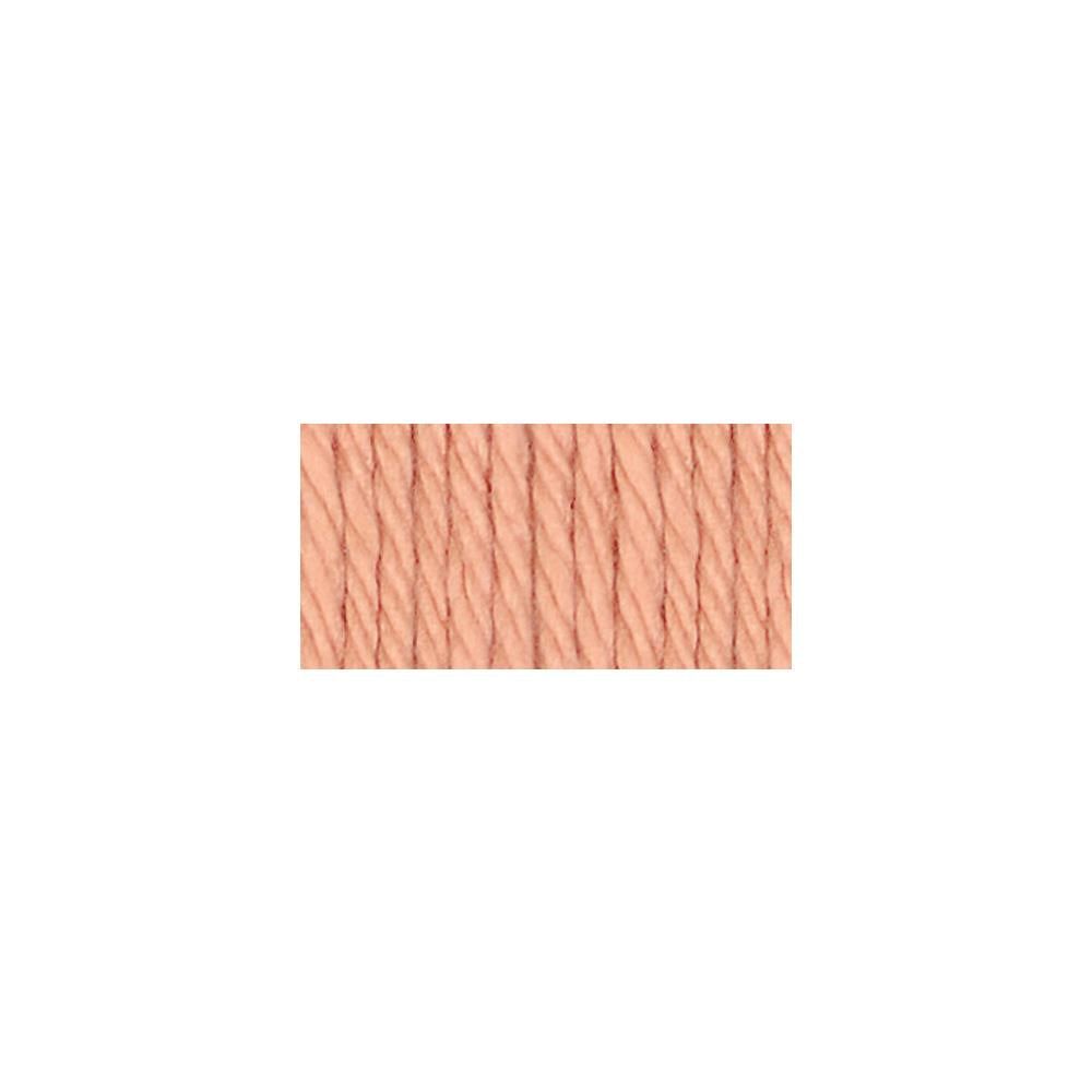 A skein of Lily Sugar N' Cream 100% cotton yarn in tea rose color. The texture is soft yet sturdy, showing the natural matte finish of the cotton fibers. The packaging clearly displays the Lily brand logo and weight options, ideal for durable kitchen and bathroom DIY projects