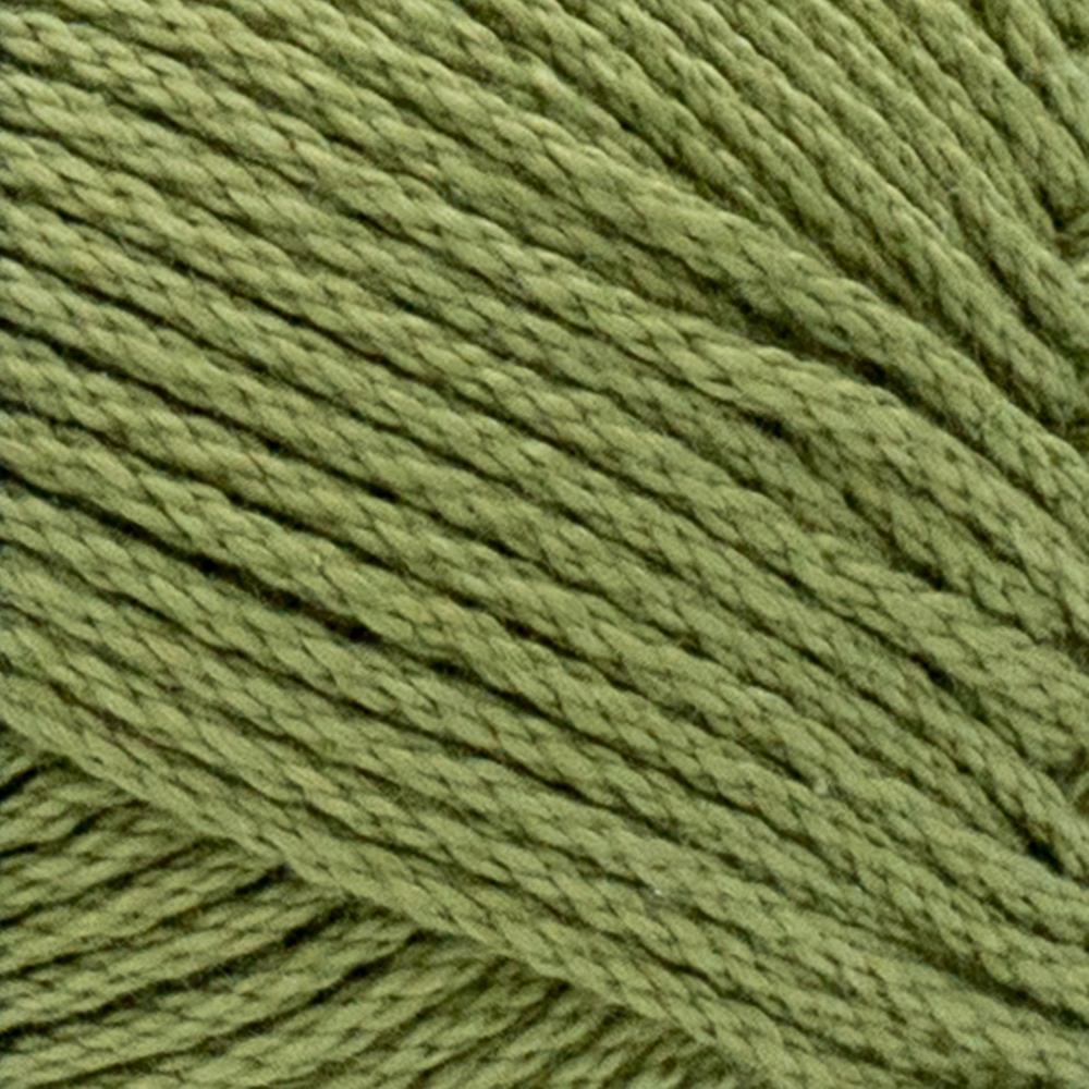 A skein of Lion Brand 24/7 Cotton yarn, highlighting the shiny mercerized finish and tightly plied 100% cotton texture in Bay Leaf green colour