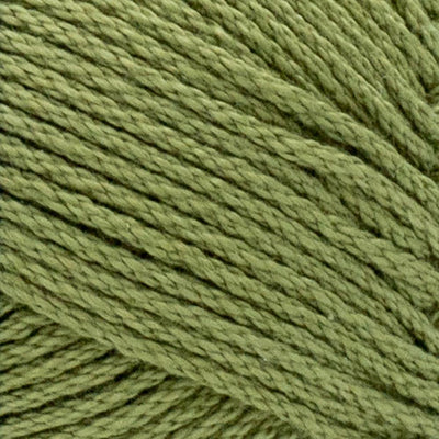 A skein of Lion Brand 24/7 Cotton yarn, highlighting the shiny mercerized finish and tightly plied 100% cotton texture in Bay Leaf green colour