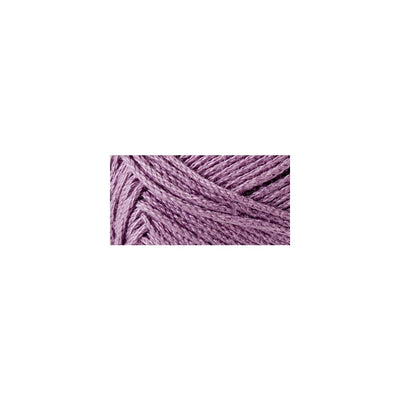 A skein of Lion Brand 24/7 Cotton yarn, highlighting the shiny mercerized finish and tightly plied 100% cotton texture in lilac purple colour