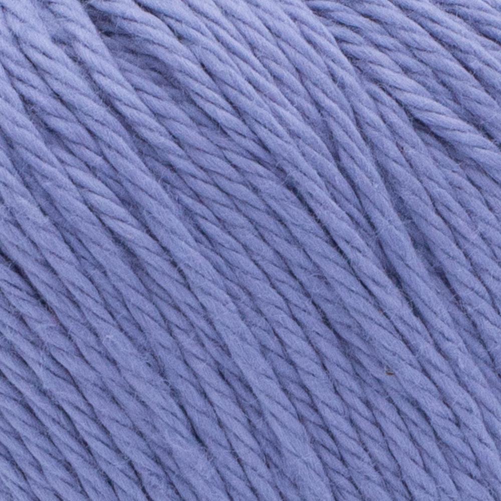 A 100g skein of Lion Brand Pima Cotton yarn showcasing its smooth, matte finish and multi-ply construction. The image highlights the high-quality combed cotton fibers, perfect for creating durable baby blankets, summery garments, and home decor items in a wide range of vibrant and muted colors in rain cloud purple colour