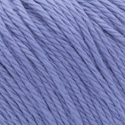 A 100g skein of Lion Brand Pima Cotton yarn showcasing its smooth, matte finish and multi-ply construction. The image highlights the high-quality combed cotton fibers, perfect for creating durable baby blankets, summery garments, and home decor items in a wide range of vibrant and muted colors in rain cloud purple colour