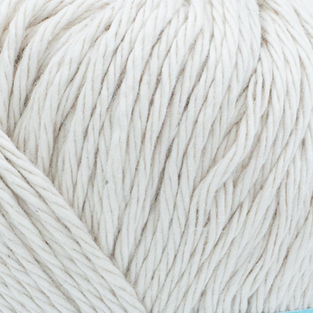 A 100g skein of Lion Brand Pima Cotton yarn showcasing its smooth, matte finish and multi-ply construction. The image highlights the high-quality combed cotton fibers, perfect for creating durable baby blankets, summery garments, and home decor items in a wide range of vibrant and muted colors in vintage white colour