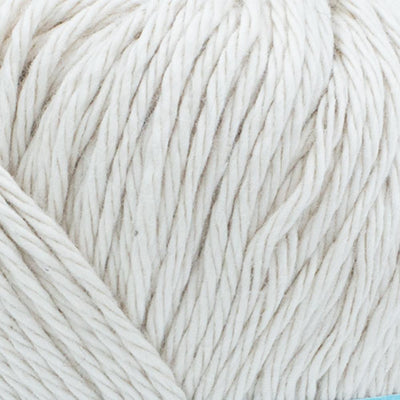 A 100g skein of Lion Brand Pima Cotton yarn showcasing its smooth, matte finish and multi-ply construction. The image highlights the high-quality combed cotton fibers, perfect for creating durable baby blankets, summery garments, and home decor items in a wide range of vibrant and muted colors in vintage white colour