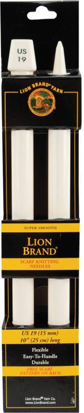 A pair of Lion Brand plastic knitting needles, 23cm (9 inches) in length. These needles feature a chunky diameter perfect for thick yarns, a smooth surface for easy stitch movement, and a 'knob' end to prevent stitches from slipping off. The shorter length is specifically designed for beginners and small-scale projects like scarves or cowls."