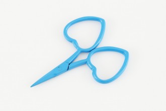 A pair of professional-grade miniature embroidery scissors featuring iconic heart-shaped handles. These 'Little Love' scissors measure 2.5 inches in total length and boast thin, ultra-sharp, and pointy blades designed for precision thread cutting in blue