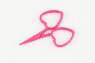 A pair of professional-grade miniature embroidery scissors featuring iconic heart-shaped handles. These 'Little Love' scissors measure 2.5 inches in total length and boast thin, ultra-sharp, and pointy blades designed for precision thread cutting in pink colour