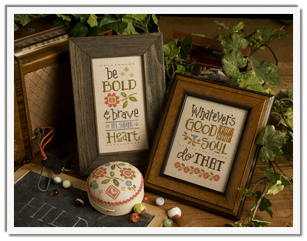 Lizzie Kate 'Be Bold & Brave' cross stitch chart booklet featuring three colorful, inspirational designs on the cover