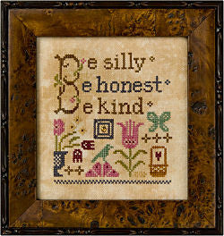 A professional Lizzie*Kate 'Snippet' cross-stitch chart titled 'Be Silly.' The high-definition design features Flora, the charming sampler girl, surrounded by vintage-inspired motifs like tiny flowers, hearts, or traditional borders. The central text features the inspirational Ralph Waldo Emerson quote: 'Be silly, be honest, be kind.'