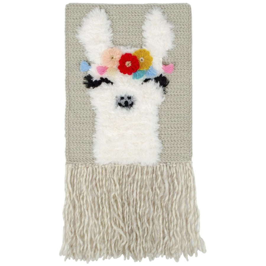 A crochet wall hanging kit depicting a llama with a flower crown on a printed mesh canvas, accented with a tassel trim at the bottom.