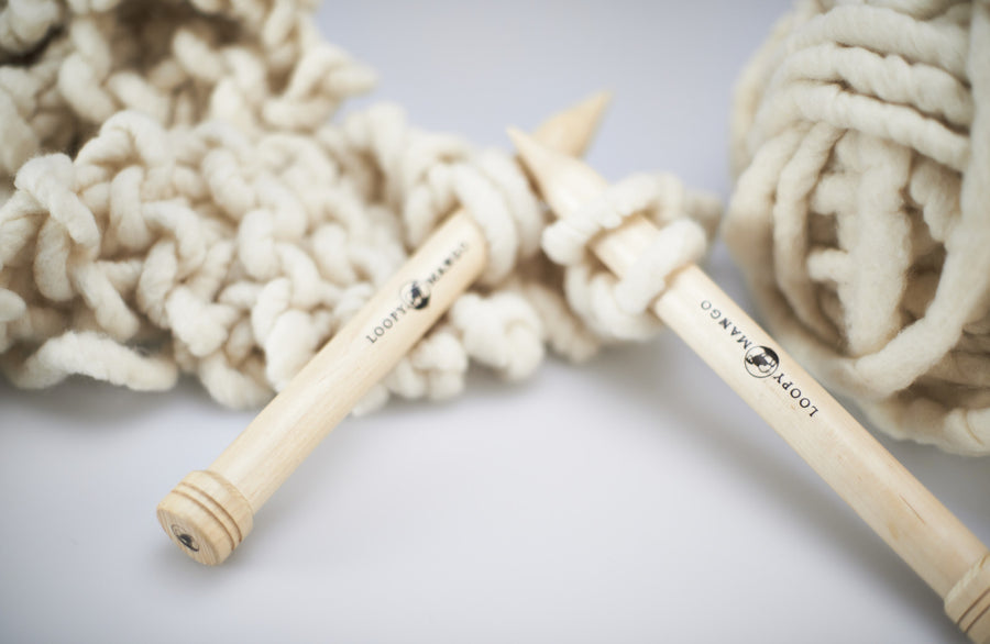 Loopy Mango Knitting Needles, Chunky Wooden Needles, Jumbo Straight Knitting Needles, Large Gauge Wooden Needles

A chunky knit blanket in progress on Loopy Mango needles, demonstrating how the needles support heavy, oversized stitche