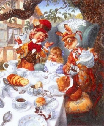 A cross-stitch chart depicting whimsical characters in costumes, seated at a table with a tea set, presumably for a 'Mad Tea Party'.
