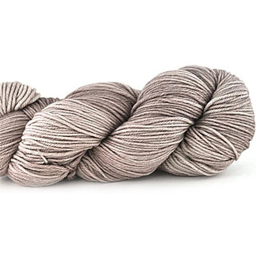 A skein of Malabrigo Arroyo hand-dyed merino wool yarn in a gray color.