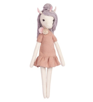 A sewing kit for creating a fabric unicorn doll with a pink dress and purple hair. A finished 43cm Miadolla Billie the Pretty Unicorn linen doll, featuring her elegant upright pose and whimsical musical star design front view