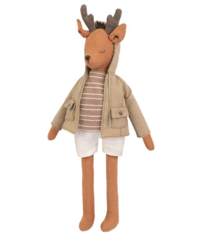 A stuffed deer toy wearing a beige jacket and white shorts, detailed with a striped pattern and a hood.
A finished 29cm Miadolla Daniel the Deer linen doll, standing tall with his signature antlers and industrious character design front view