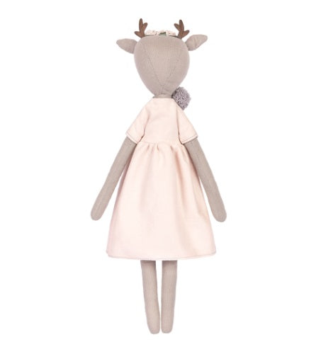 A professional doll-making kit by Miadolla featuring 'Ellie the Fawn.' The kit includes premium linen and fabric for the body and clothing, mouline cotton threads, a sewing needle, and high-quality polyester stuffing. The finished fawn stands 43cm tall, featuring a stylish, artistic outfit reflecting her florist persona.
