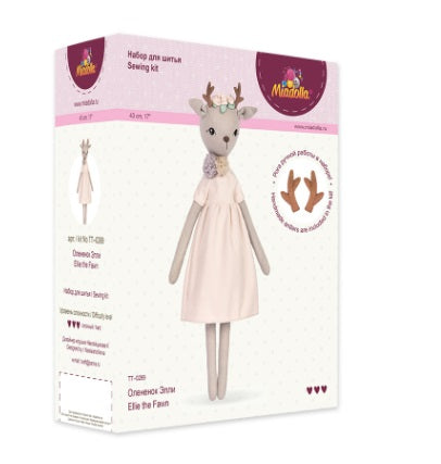 A professional doll-making kit by Miadolla featuring 'Ellie the Fawn.' The kit includes premium linen and fabric for the body and clothing, mouline cotton threads, a sewing needle, and high-quality polyester stuffing comes in a box set