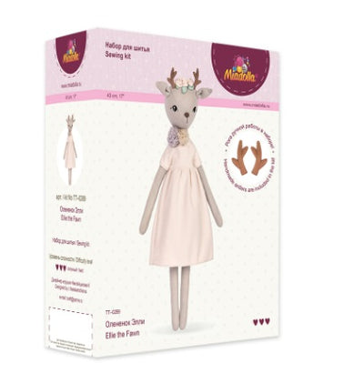 A professional doll-making kit by Miadolla featuring 'Ellie the Fawn.' The kit includes premium linen and fabric for the body and clothing, mouline cotton threads, a sewing needle, and high-quality polyester stuffing comes in a box set