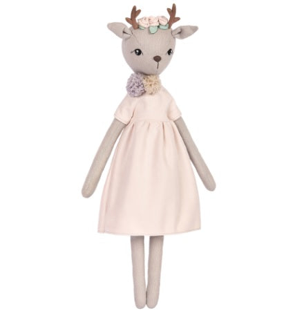 A sewing kit depicting a gray fawn with a floral dress, designed for crafting and needlework.