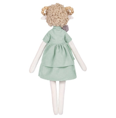 A premium doll-sewing kit by Miadolla featuring 'Miley the Lamb.' The kit includes high-quality linen and fabrics for the body and her baker-style outfit, mouline cotton threads for facial details, a sewing needle, and polyester stuffing