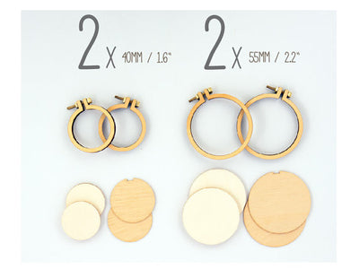 Close-up of the Dandelyne kit components: tiny wooden hoop frames, center plates, and the precise screws and bolts for assembly.

Small Embroidery Frames for Necklaces, Mini Brooch Kit.