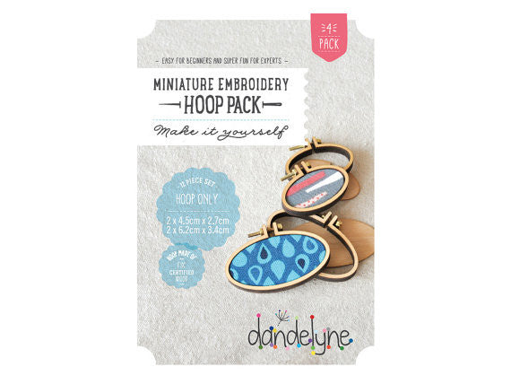 Packaging of Dandelyne Oval Mini Hoop with contents listed including miniature embroidery hoops, screws, bolts, backing pieces, and centre plates.
